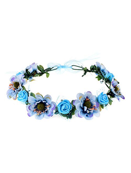 June Bloomy Rose Flower Leave Crown Bridal Halo Headband with Adjustable Ribbon