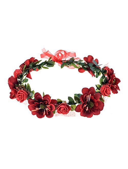 June Bloomy Rose Flower Leave Crown Bridal Halo Headband with Adjustable Ribbon