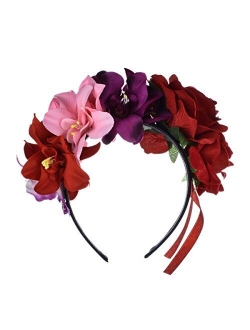 DreamLily Frida Kahlo Mexican Flower Crown Headband Party Costume Dia de Los Muertos Day of The Dead Headpiece NC12