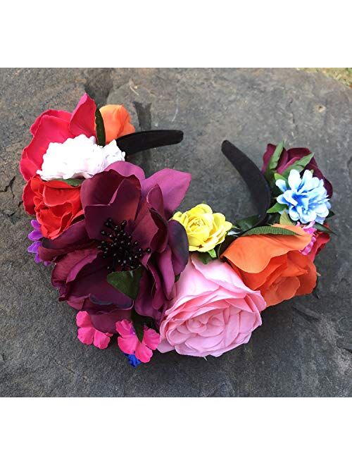 DreamLily Frida Kahlo Mexican Flower Crown Headband Party Costume Dia de Los Muertos Day of The Dead Headpiece NC12