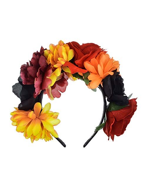 DreamLily Frida Kahlo Mexican Flower Crown Headband Halloween Party Costume Dia de Los Muertos Headpiece NC25