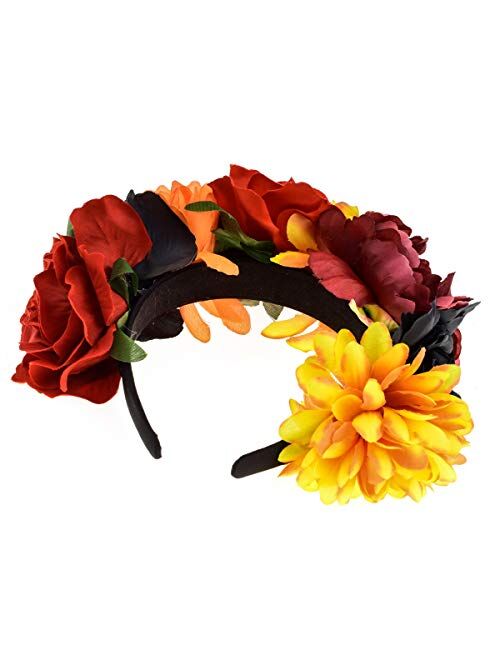 DreamLily Frida Kahlo Mexican Flower Crown Headband Halloween Party Costume Dia de Los Muertos Headpiece NC25