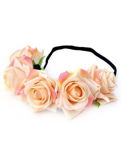 June Bloomy Rose Floral Crown Garland Flower Headband Headpiece for Wedding Festival