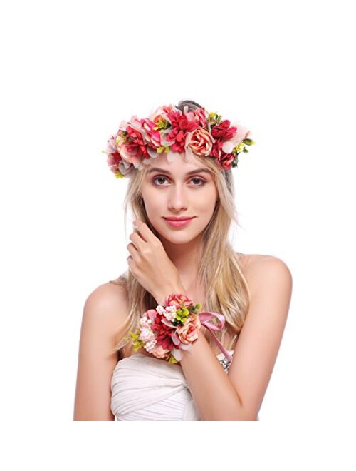 DDazzling Nature Berries Flower Crown with Floral Wrist Band for Wedding Festivals