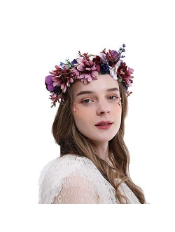 Wedding Flower Crown for Girls Floral Headband Wreath Headpiece Women Halo Garland with Adjustable Ribbon Boho Festival