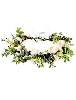 Wedding Flower Crown for Girls Floral Headband Wreath Headpiece Women Halo Garland with Adjustable Ribbon Boho Festival