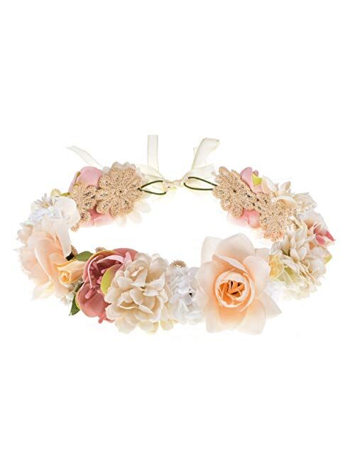 Wedding Flower Crown for Girls Floral Headband Wreath Headpiece Women Halo Garland with Adjustable Ribbon Boho Festival