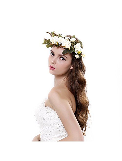 Wedding Flower Crown for Girls Floral Headband Wreath Headpiece Women Halo Garland with Adjustable Ribbon Boho Festival