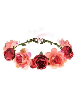 June Bloomy Women Rose Floral Crown Hair Wreath Leave Flower Headband with Adjustable Ribbon