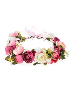 June Bloomy Women Rose Floral Crown Hair Wreath Leave Flower Headband with Adjustable Ribbon