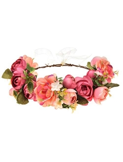 June Bloomy Women Rose Floral Crown Hair Wreath Leave Flower Headband with Adjustable Ribbon