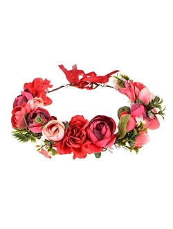 June Bloomy Women Rose Floral Crown Hair Wreath Leave Flower Headband with Adjustable Ribbon