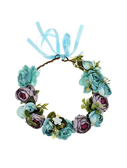 June Bloomy Women Rose Floral Crown Hair Wreath Leave Flower Headband with Adjustable Ribbon