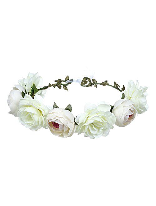 June Bloomy Women Rose Floral Crown Hair Wreath Leave Flower Headband with Adjustable Ribbon