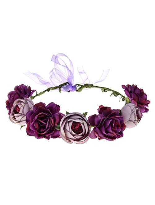 June Bloomy Women Rose Floral Crown Hair Wreath Leave Flower Headband with Adjustable Ribbon