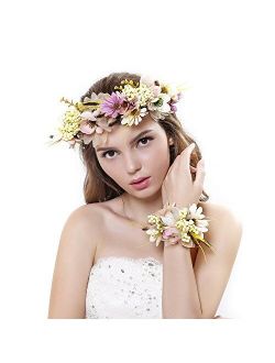 Ever Fairy Women Flower Wreath Crown Floral Wedding Garland Headband Wrist Band Set