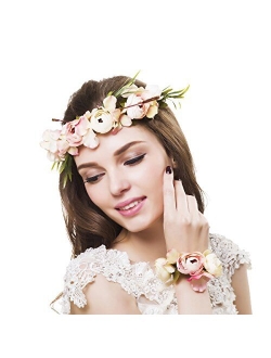 Ever Fairy Women Flower Wreath Crown Floral Wedding Garland Headband Wrist Band Set