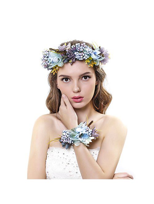 Ever Fairy Women Flower Wreath Crown Floral Wedding Garland Headband Wrist Band Set