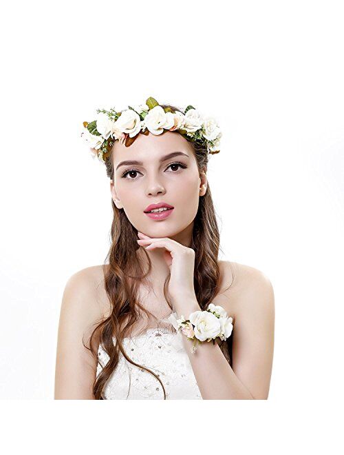 Ever Fairy Women Flower Wreath Crown Floral Wedding Garland Headband Wrist Band Set