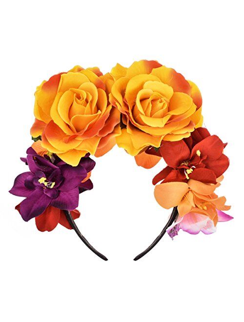 DreamLily Day of The Dead Headband Costume Rose Flower Crown Mexican Headpiece BC40