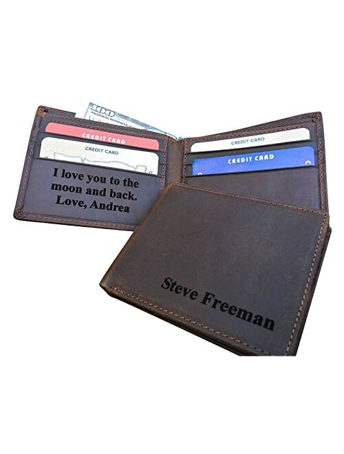 RFID Blocking Personalized Genuine Leather Men's Bifold Wallet Monogrammed with Custom Message Inside, Gifts for Boyfriend Husband Dads Anniversary Christmas Graduation