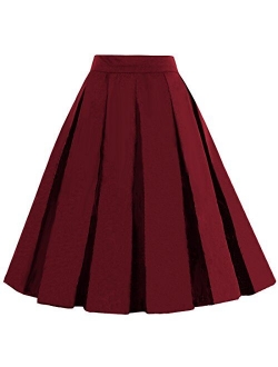 Dressever Women's Vintage A-line Printed Pleated Flared Midi Skirts