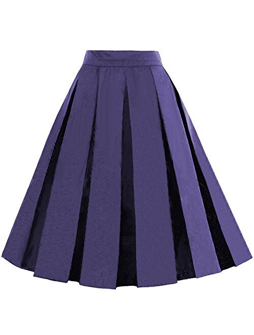 Dressever Women's Vintage A-line Printed Pleated Flared Midi Skirts