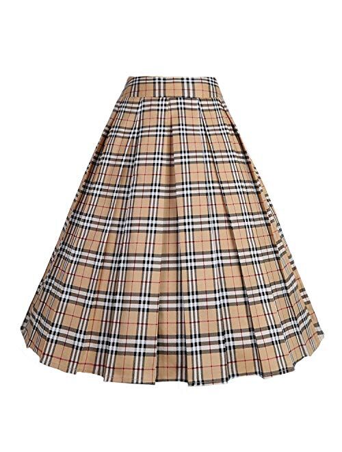 Dressever Women's Vintage A-line Printed Pleated Flared Midi Skirts