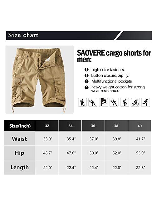 SAOVERE Men's Casual Cargo Shorts Relaxed Fit Multi-Pockets Cotton Twill 11 Inch Inseam