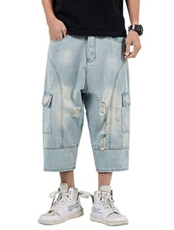 Men's Loose-Fit Ripped Hole Harem Capri Jeans Baggy Denim Cargo Shorts