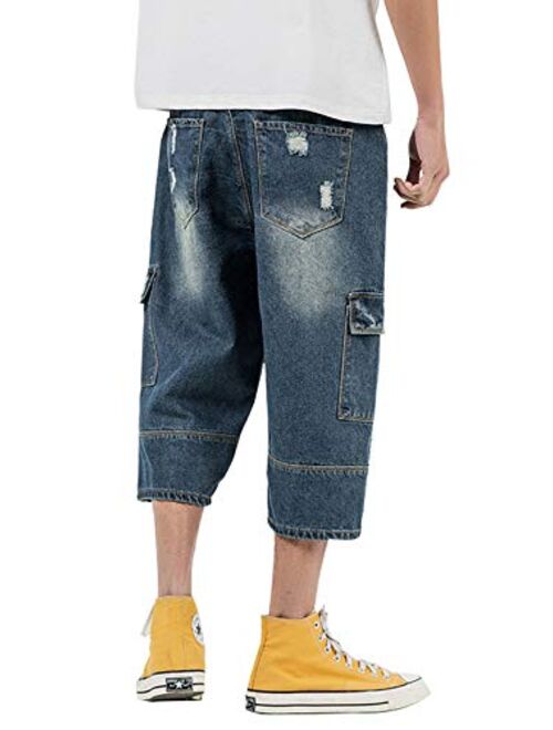 chouyatou Men's Loose-Fit Ripped Hole Harem Capri Jeans Baggy Denim Cargo Shorts