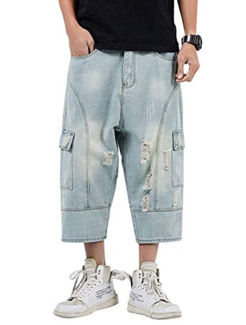 chouyatou Men's Loose-Fit Ripped Hole Harem Capri Jeans Baggy Denim Cargo Shorts