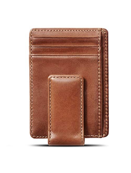 HOJ Co. CARRYALL Mens Leather Money Clip Wallet-Strong Magnetic Front Pocket Wallet-Exterior ID Window