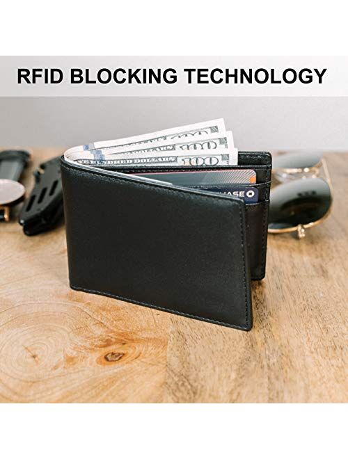 Stay Fine RFID Blocking Minimalist Bifold Leather Wallets | Slim Front Pocket Wallets for Men | Thin Card Holders with ID Window