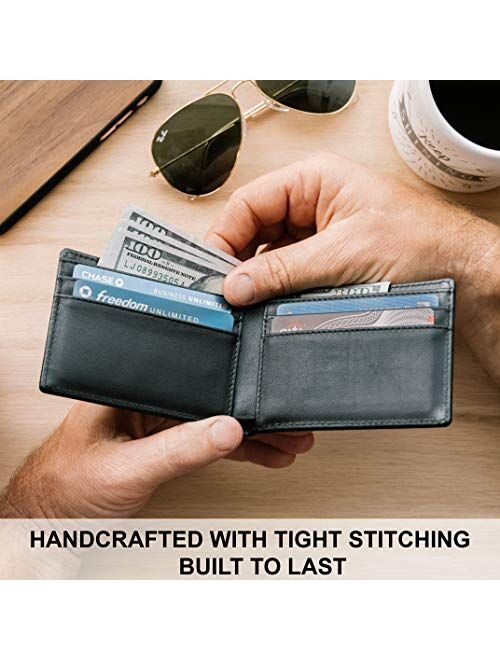 Stay Fine RFID Blocking Minimalist Bifold Leather Wallets | Slim Front Pocket Wallets for Men | Thin Card Holders with ID Window