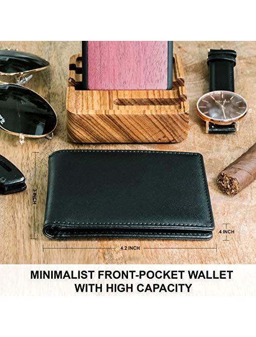 Stay Fine RFID Blocking Minimalist Bifold Leather Wallets | Slim Front Pocket Wallets for Men | Thin Card Holders with ID Window