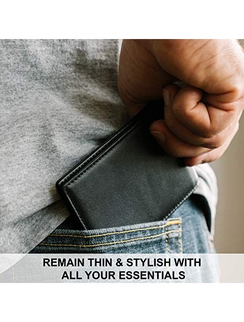 Stay Fine RFID Blocking Minimalist Bifold Leather Wallets | Slim Front Pocket Wallets for Men | Thin Card Holders with ID Window