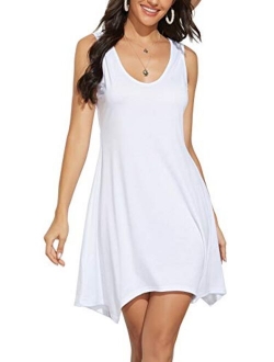 Vansha Womens Casual Sleeveless V Neck Irregular Hem Summer T Shirt Dress Swing Beach Dress