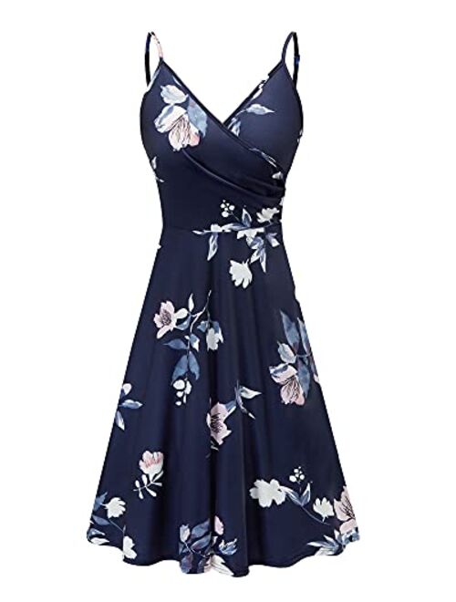 KILIG Women's V Neck Floral Spaghetti Strap Summer Casual Dress Sleeveless Wrap Midi Sundress with Pocket