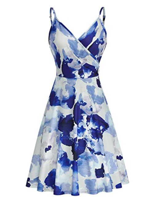 KILIG Women's V Neck Floral Spaghetti Strap Summer Casual Dress Sleeveless Wrap Midi Sundress with Pocket