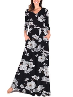 Comila Women's Maxi Dresses V-Neck 3/4 Sleeve Floral Long Dresses with Pockets