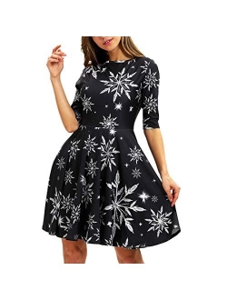 Timemory Women's Christmas 3D Print Short Sleeve Unique Casual Flared Midi Dress