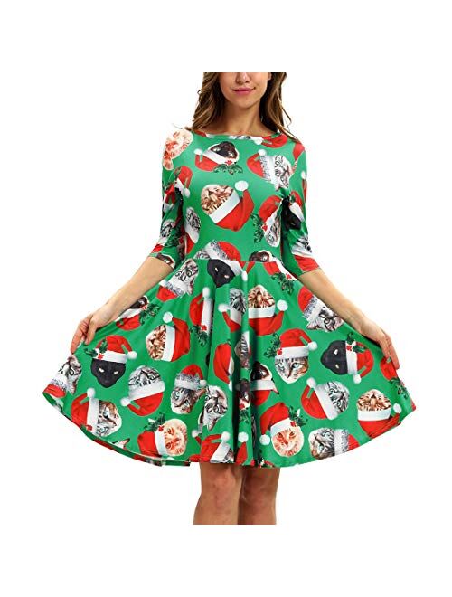 Timemory Women's Christmas 3D Print Short Sleeve Unique Casual Flared Midi Dress