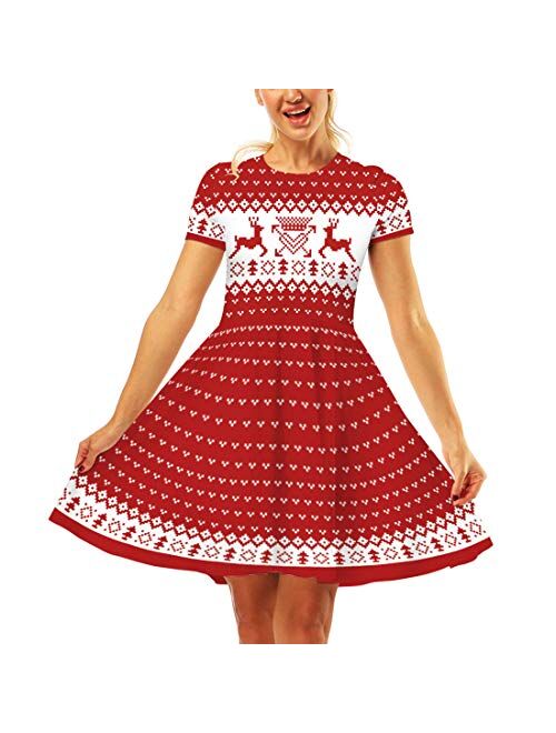 Timemory Women's Christmas 3D Print Short Sleeve Unique Casual Flared Midi Dress