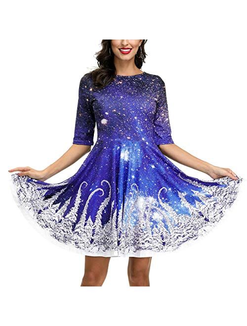 Timemory Women's Christmas 3D Print Short Sleeve Unique Casual Flared Midi Dress