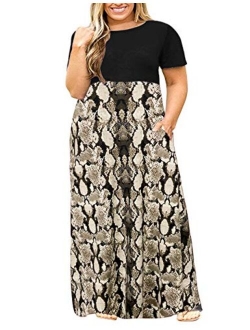 KARALIN Women's Plus Size Short Sleeve Loose Plain Casual Long Maxi Dresses with Pockets