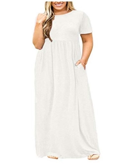 KARALIN Women's Plus Size Short Sleeve Loose Plain Casual Long Maxi Dresses with Pockets