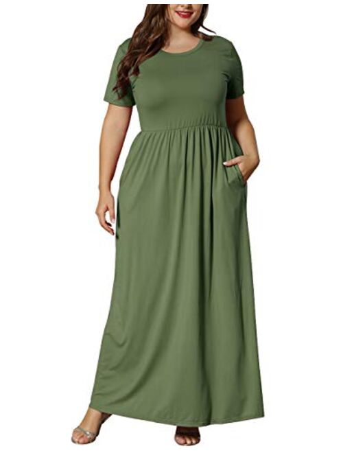 KARALIN Women's Plus Size Short Sleeve Loose Plain Casual Long Maxi Dresses with Pockets