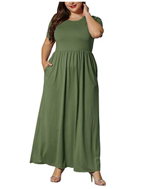 KARALIN Women's Plus Size Short Sleeve Loose Plain Casual Long Maxi Dresses with Pockets