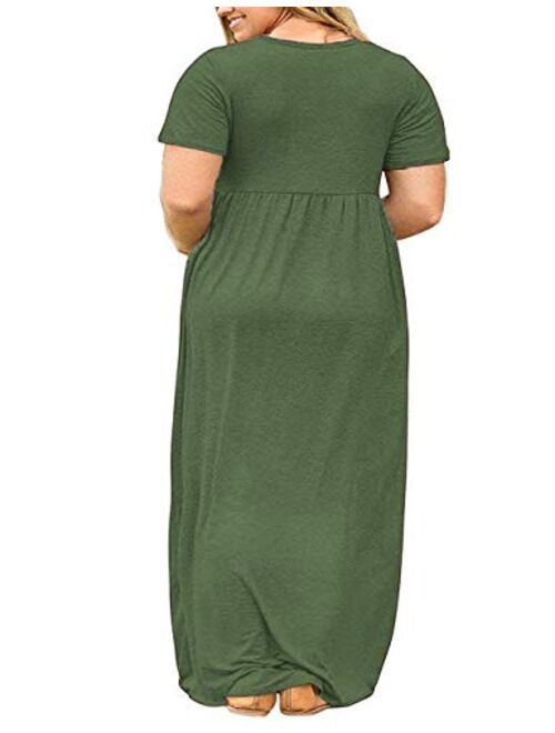 KARALIN Women's Plus Size Short Sleeve Loose Plain Casual Long Maxi Dresses with Pockets